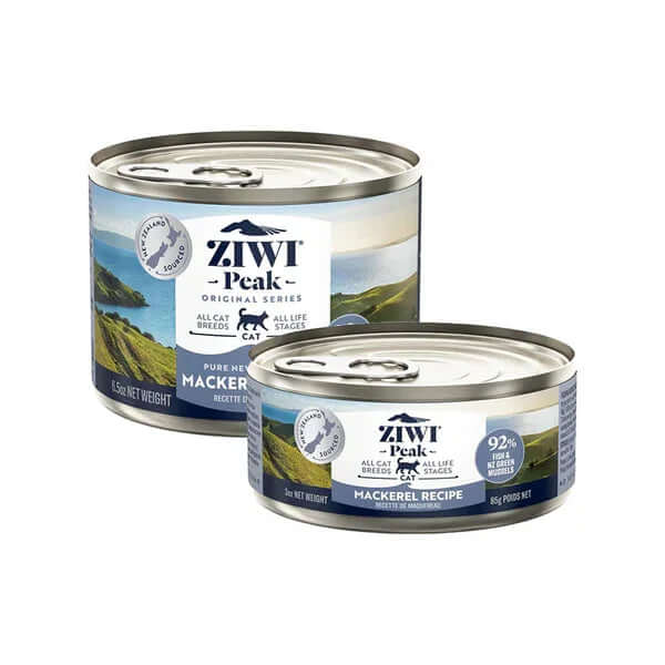 ZIWI Peak Mackerel Canned Cat Food in two sizes, showcasing premium ingredients for discerning felines.