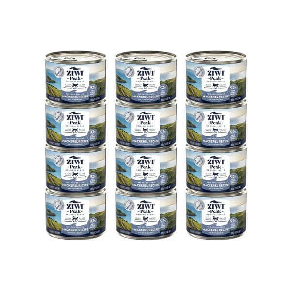 ZIWI Peak Mackerel Canned Cat Food, stack of twelve cans featuring premium mackerel recipe for cats.