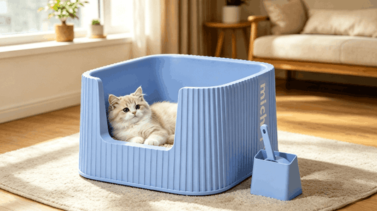 cat sitting inside an extra large cat litter box