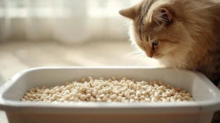 Fluffy cat sniffing tofu cat litter pellets in a white tray indoors