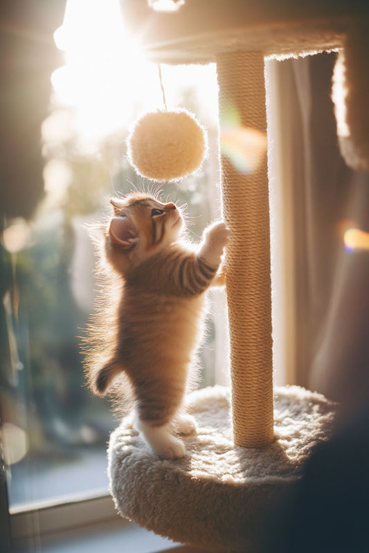 Kitten stretching up toward a cat tree for large cats, showing how vertical space can help indoor cats climb and play in small homes