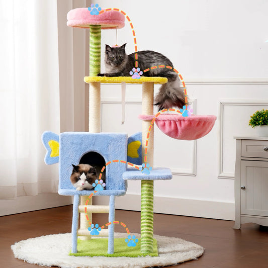Multi-Level Cat Tree Tower with Hammock and Sisal Posts 136cm