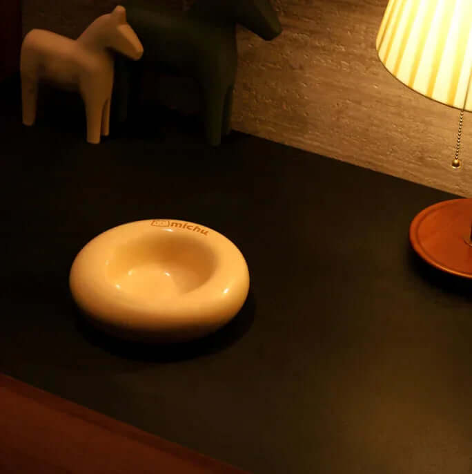 Michu Ceramic Cat Bagel Bowl – Anti-Whisker Wide Shallow Pet Food Bowl Rainbow Colours on a stylish table.
