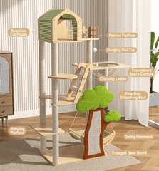 148cm Tall Forest Tree House Cat Tree for Large Cats Deluxe Edition-7 Level Tower with Space Capsule & House image showcasing features