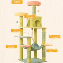 Cat's indoor playground with various features on a beige background