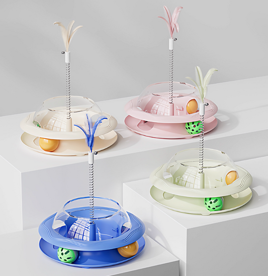 Interactive Cat Treat Dispenser Toy – 3-in-1 Cat Teaser Wand, Spinning Turntable & Food Puzzle Ball-PETROOM