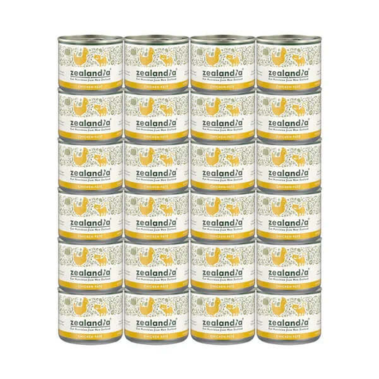 Zealandia Mousse Pate Chicken Kitten & Mama Cat Can 170g stacked cans in a pet food display.