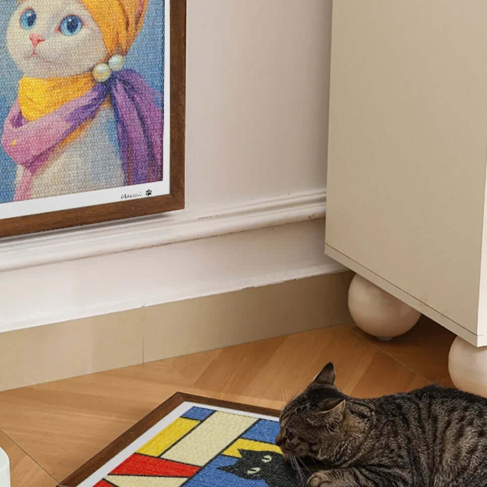 Tabby cat resting on colorful geometric cat mat near framed cat artwork in cozy home setting