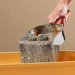 Heavy-Duty 304 Stainless Steel Cat Tofu Litter Scoop with Wooden Handle