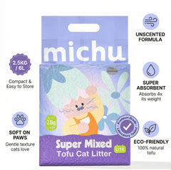 Michu Mixed Clumping Tofu Cat Litter Lite 2.5kg/6L – Flushable& Cost-efficient packaging with key features.