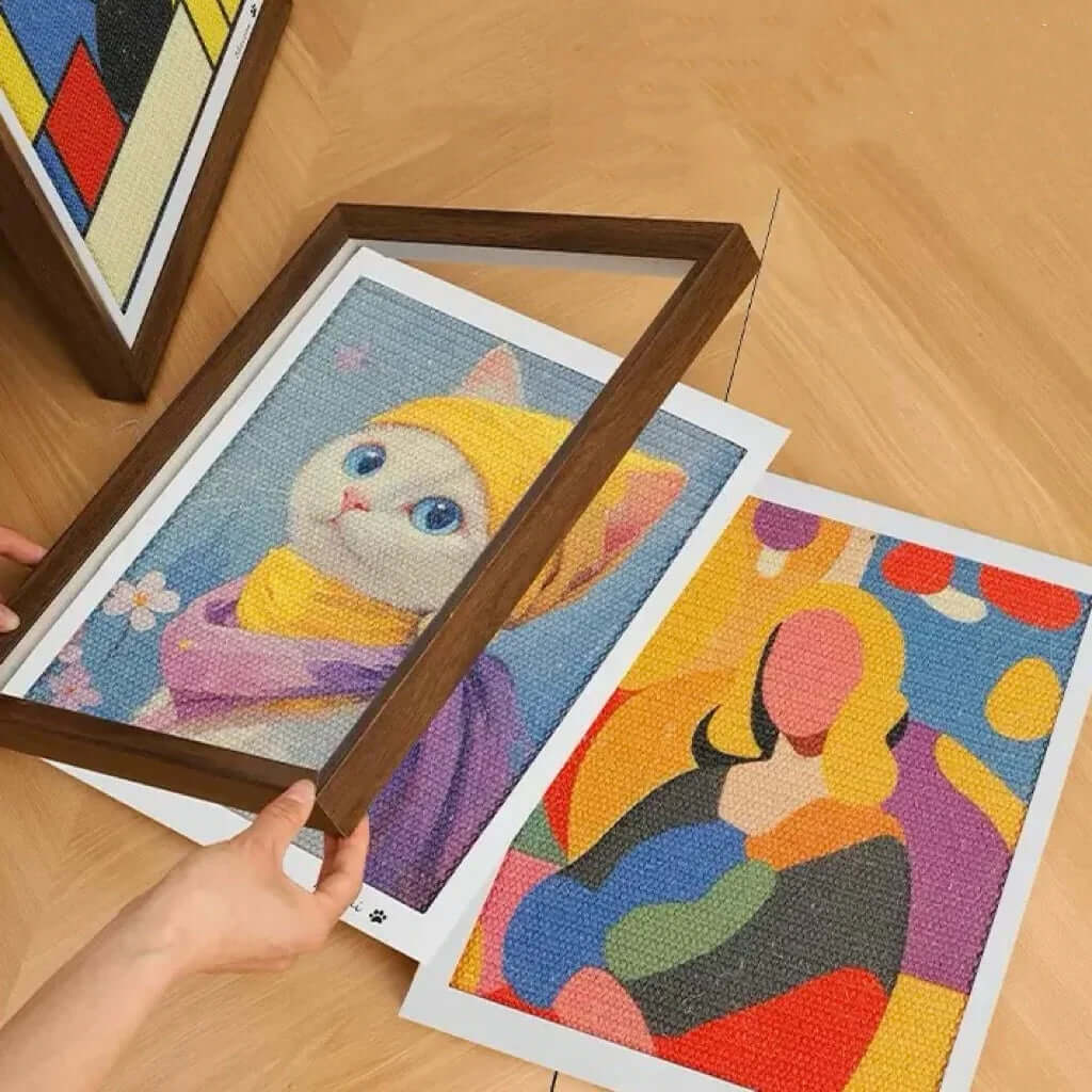 Framed cat needlepoint art with colorful abstract design, perfect pet-themed home decor for cat lovers