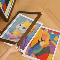 Framed cat needlepoint art with colorful abstract design, perfect pet-themed home decor for cat lovers