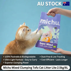 Michu Mixed Clumping Tofu Cat Litter Lite 2.5kg/6L – Flushable& Cost-efficient with a cat interacting with the package.