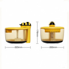 A yellow and black bee-themed food chopper and mixing bowl set shown from the side with dimension labels: 223mm width, 176mm height, and 200mm bowl width, on a white background.