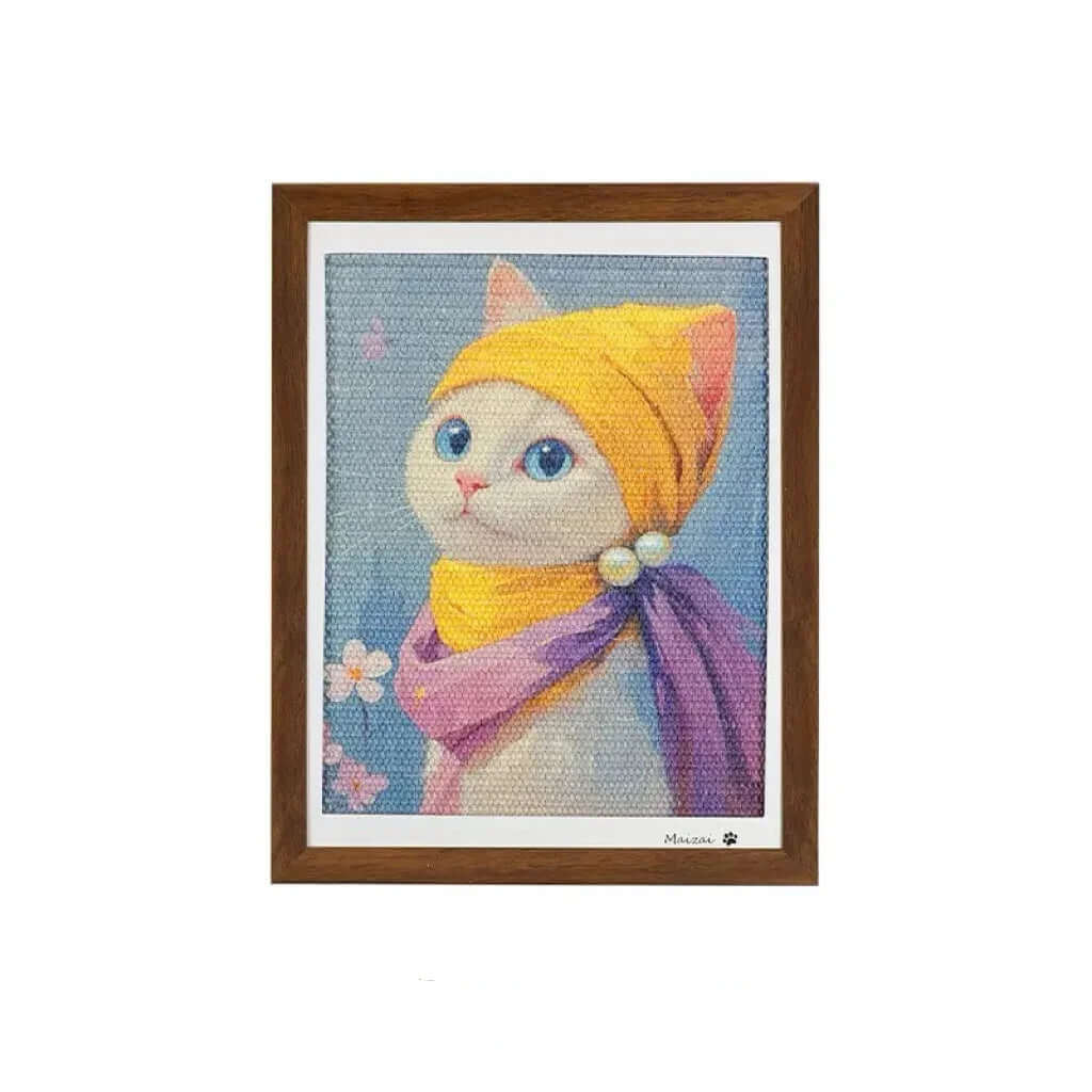 Framed cat art print with yellow hat and purple scarf, stylish pet decor for home