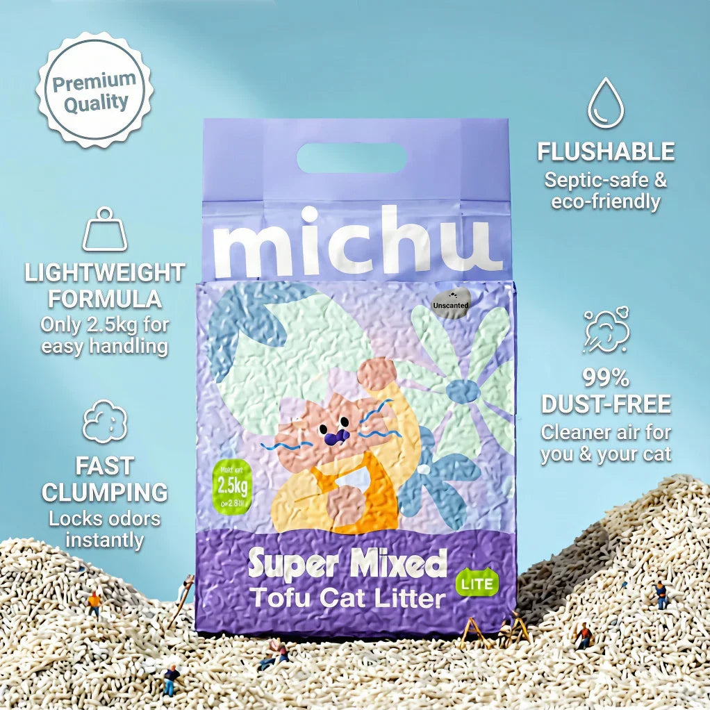 Michu Mixed Clumping Tofu Cat Litter Lite 2.5kg/6L – Flushable& Cost-efficient packaging with eco-friendly features.