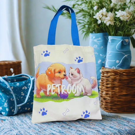 PetRoom Custom Premium Thick Canvas Tote Bag featuring cute puppy and kitten design, perfect for pet lovers.