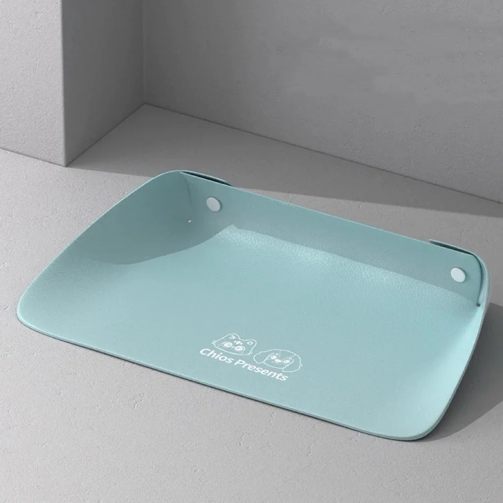 Light blue pet food mat with 'Chico's Presents' branding on a gray background