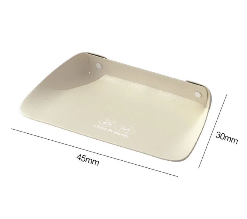 Beige pet food mat with dimensions on a white background