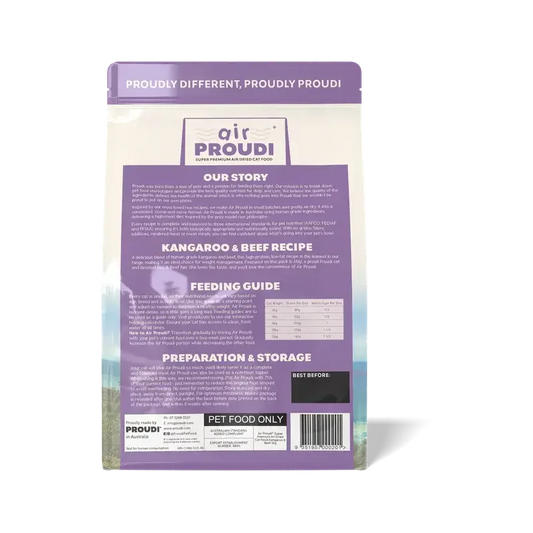 AirProudi Premium Cat Food Air-dried kangaroo & Beef 1kg packaging back view with feeding guide and preparation instructions.