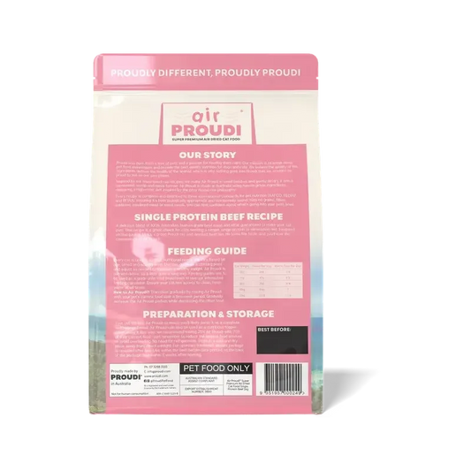 AirProudi Premium Cat Food Air-dried Beef 1kg packaging back showing ingredients and feeding guide.