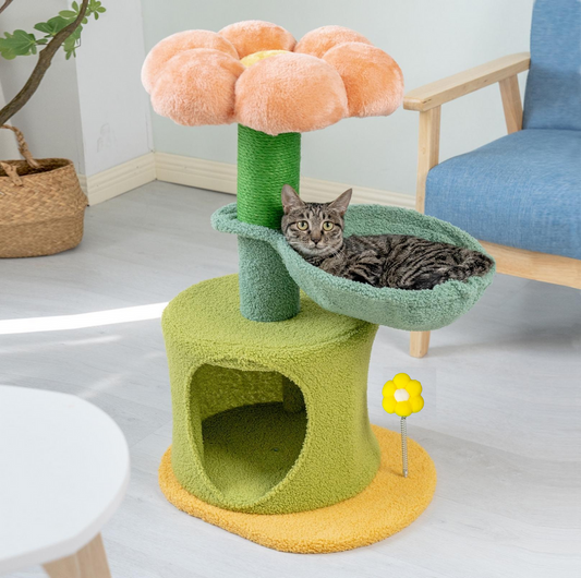 Flower-Styled Cat Tree with Soft Nest & Scratching Posts-Petroom