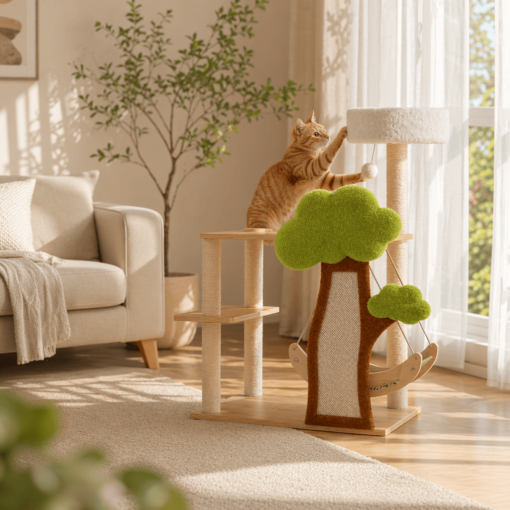 Forest Tree House Cat Tree for Large Cats 5-Level Cat Climbing Tower with a cat playing on it.