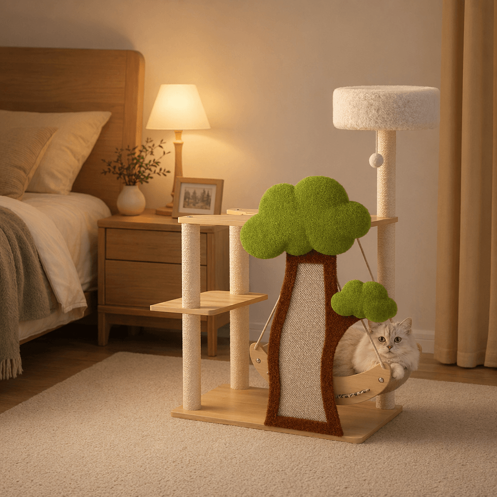 Forest Tree House Cat Tree for Large Cats 5-Level Cat Climbing Tower in a cozy bedroom setting.