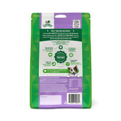 Greenies Blueberry Flavour Regular Dental Dog Treats 12 Chews packaging back view with nutritional info and benefits.