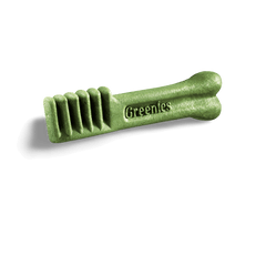 Greenies Blueberry Flavour Regular Dental Dog Treats 12 Chews displayed on a white background, showcasing its unique shape.