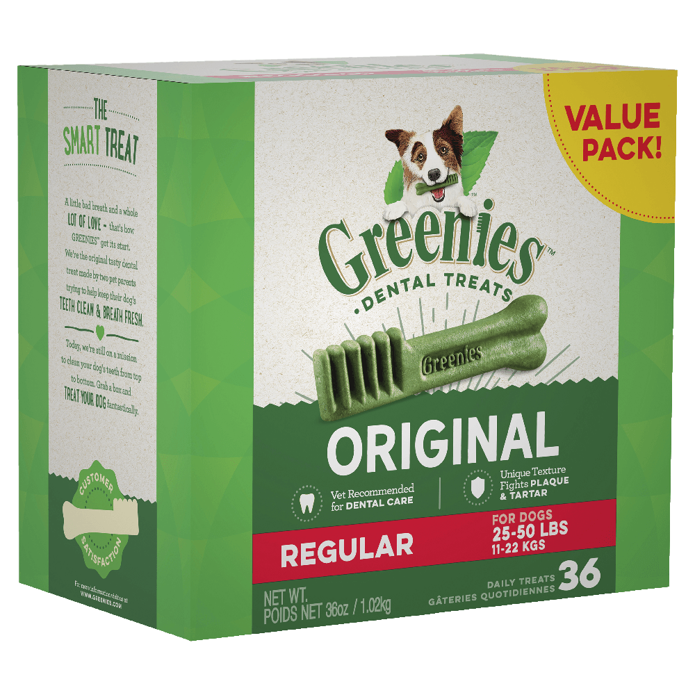 Greenies Original Regular Dental Dog Treats 36 Chews packaging showcasing dental benefits for dogs.