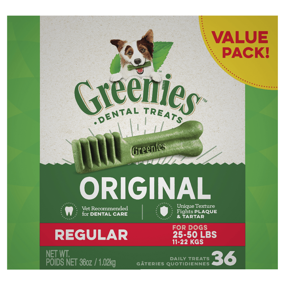 Greenies Original Regular Dental Dog Treats 36 Chews value pack for dogs, vet recommended for dental care.