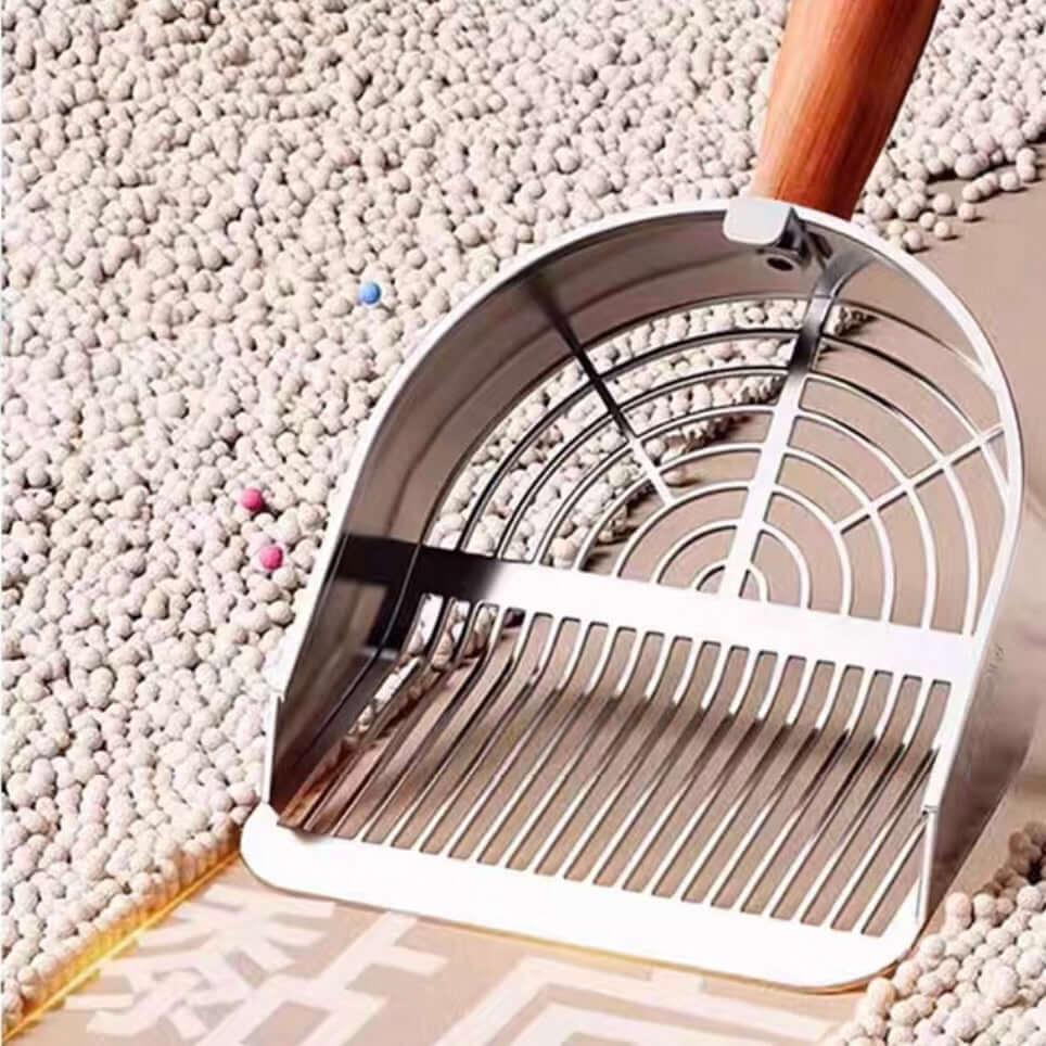 Heavy-Duty 304 Stainless Steel Cat Litter Scoop with Wooden Handle-PETROOM