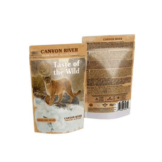 Taste of the Wild Grain-Free Canyon River Feline Recipe - Chunks in Gravy 85g x 12 Pack packaging