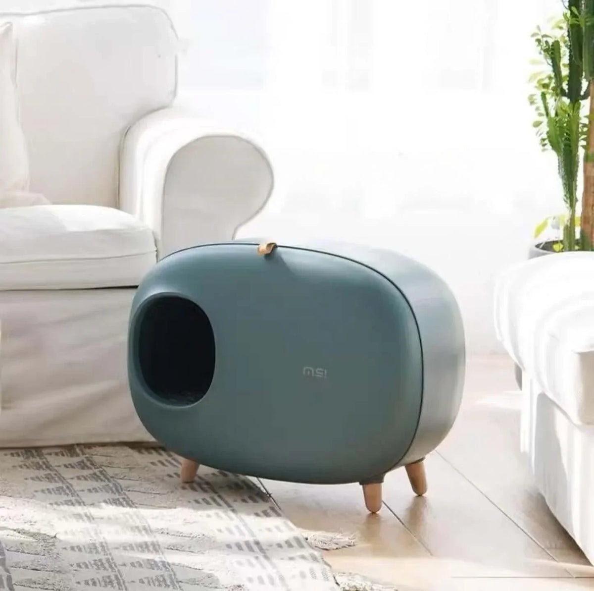 Modern teal cat litter box with wooden legs in stylish living room