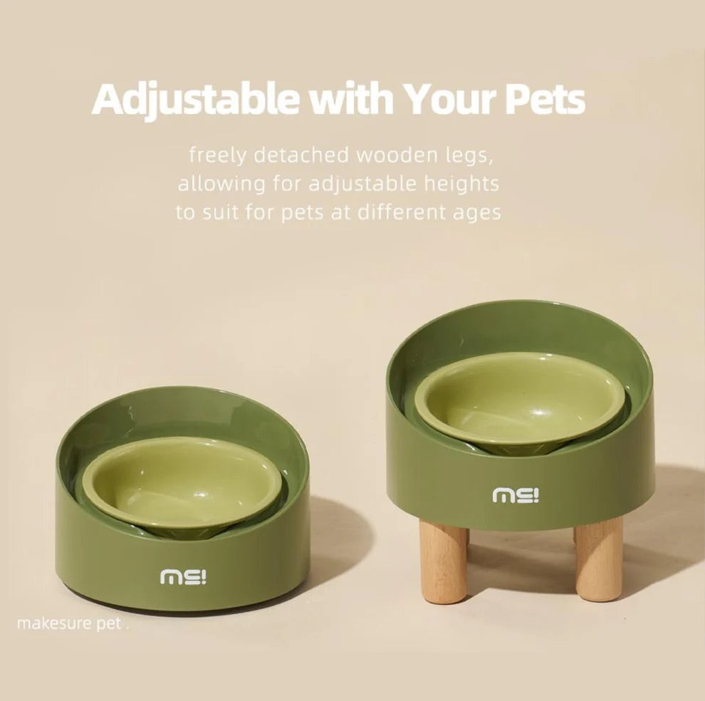Makesure Rolls Elevated Ceramic Pet Bowl with Wooden Stand-Petroom