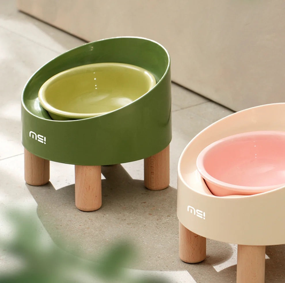Makesure Rolls Elevated Ceramic Pet Bowl with Wooden Stand-Petroom