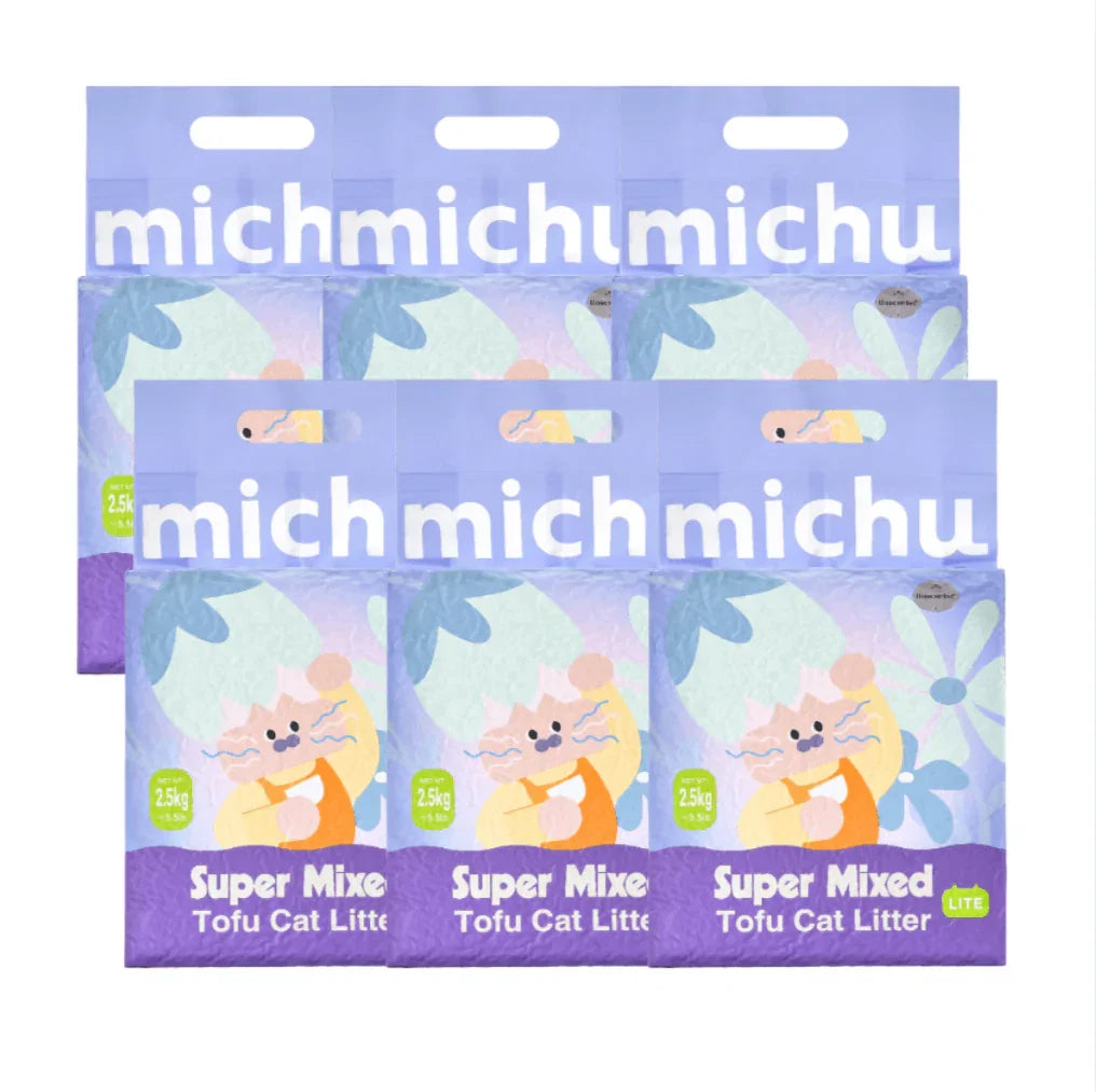 Michu Mixed Clumping Tofu Cat Litter Lite 2.5kg/6L – Flushable& Cost-efficient packs displayed together