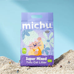 Michu Mixed Clumping Tofu Cat Litter Lite 2.5kg/6L – Flushable& Cost-efficient packaged in a colorful bag.