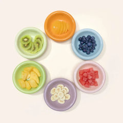 Michu Wide and Shallow Ceramic Pet Bowl with colorful fruits in separate bowls.