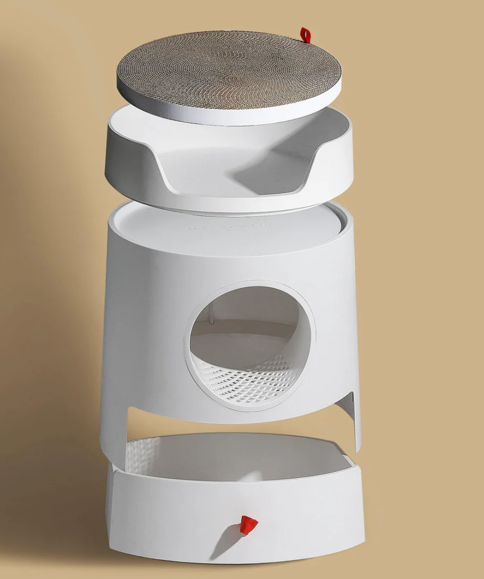 Michu XL Castle 2-in-1 Semi- Closed Cat Litter Box with Scratch Pad in Morandi Green/White-Petroom