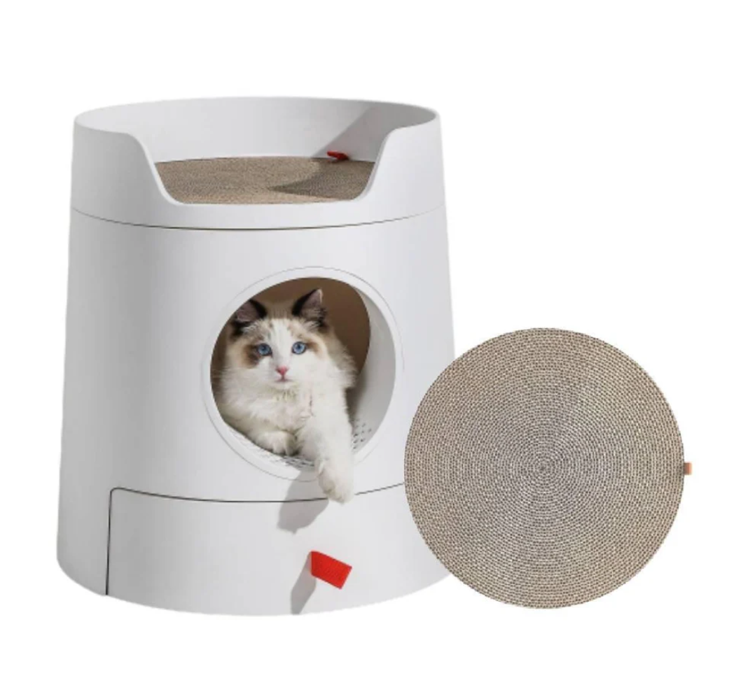Michu XL Castle 2-in-1 Semi- Closed Cat Litter Box with Scratch Pad in Morandi Green/White-Petroom