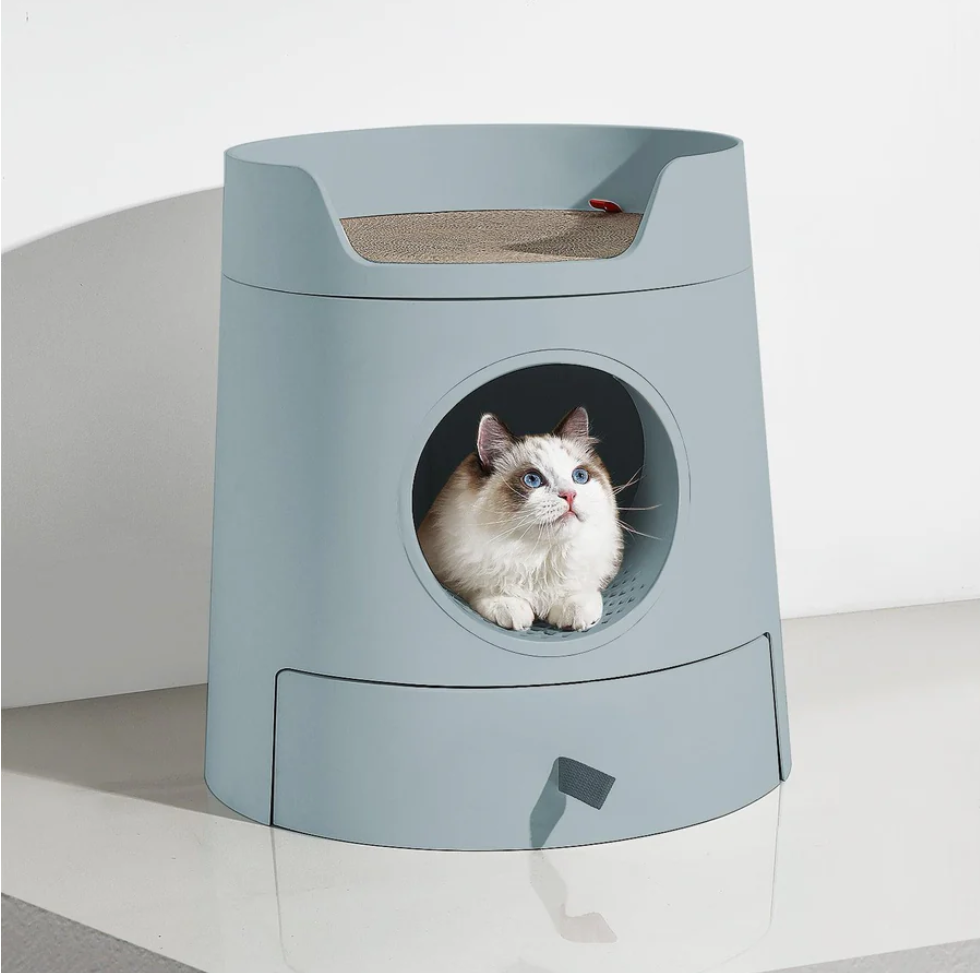 Michu XL Castle 2-in-1 Semi- Closed Cat Litter Box with Scratch Pad in Morandi Green/White-Petroom