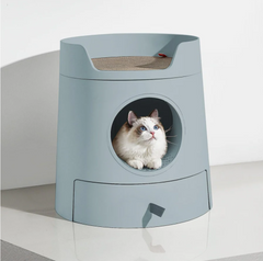Michu XL Castle 2-in-1 Semi- Closed Cat Litter Box with Scratch Pad in Morandi Green/White-Petroom