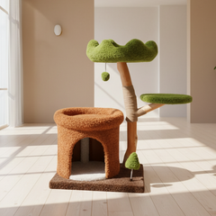 Natural Wood Cat Tree with Cozy Hideaway-Petroom