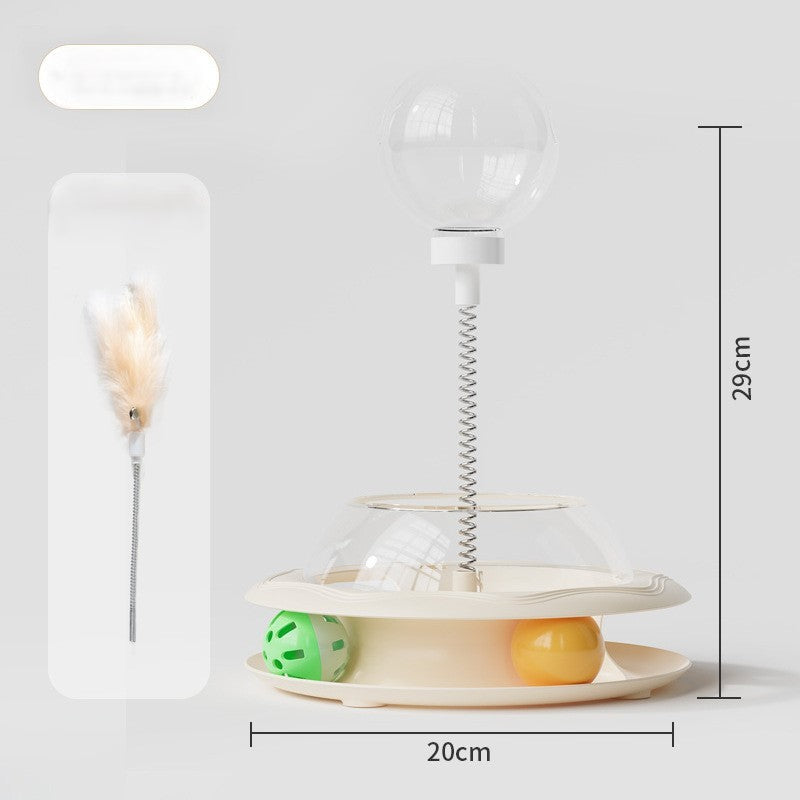 Interactive Cat Treat Dispenser Toy – 3-in-1 Cat Teaser Wand, Spinning Turntable & Food Puzzle Ball-PETROOM