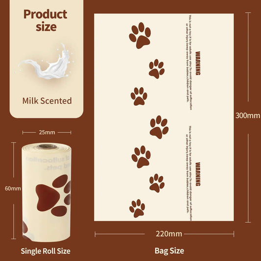 6 Roll Eco-Friendly Dog Poo Bag Refill Roll with milk scent, showing size dimensions and paw print design.