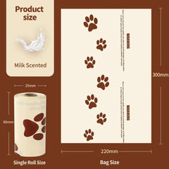 6 Roll Eco-Friendly Dog Poo Bag Refill Roll with milk scent, showing size dimensions and paw print design.