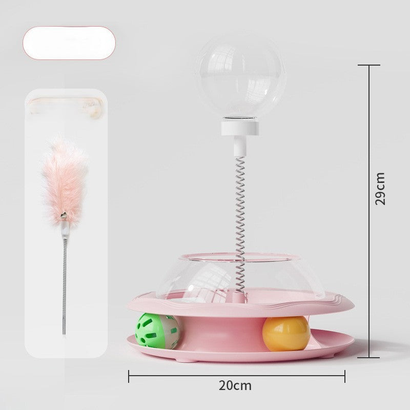 Interactive Cat Treat Dispenser Toy – 3-in-1 Cat Teaser Wand, Spinning Turntable & Food Puzzle Ball-PETROOM