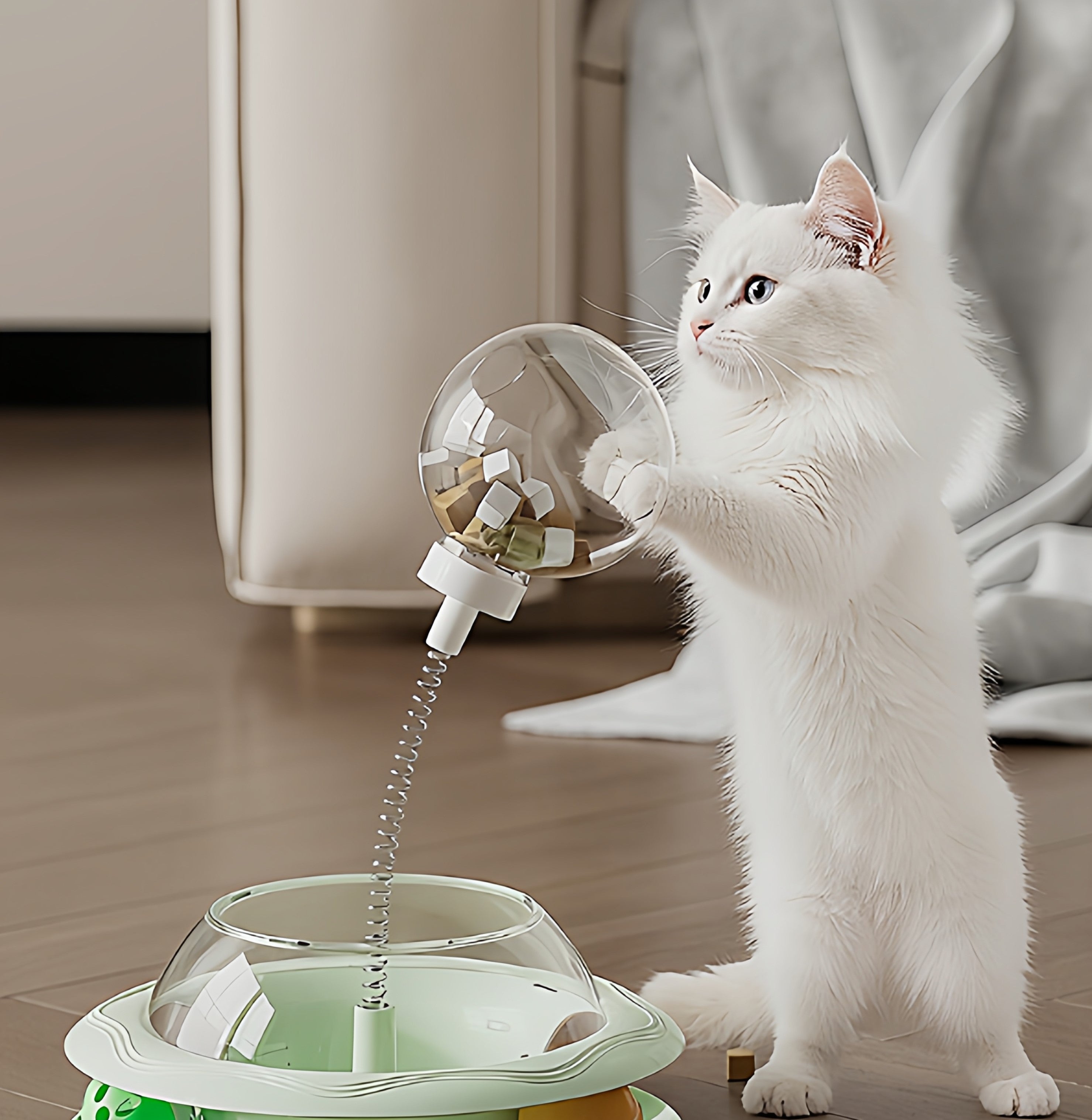 Interactive Cat Treat Dispenser Toy – 3-in-1 Cat Teaser Wand, Spinning Turntable & Food Puzzle Ball-PETROOM